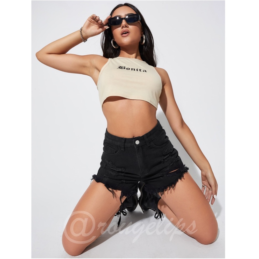 Black Denim Shorts Distressed Ripped High Waist Raw Hem - Picture 3 of 8